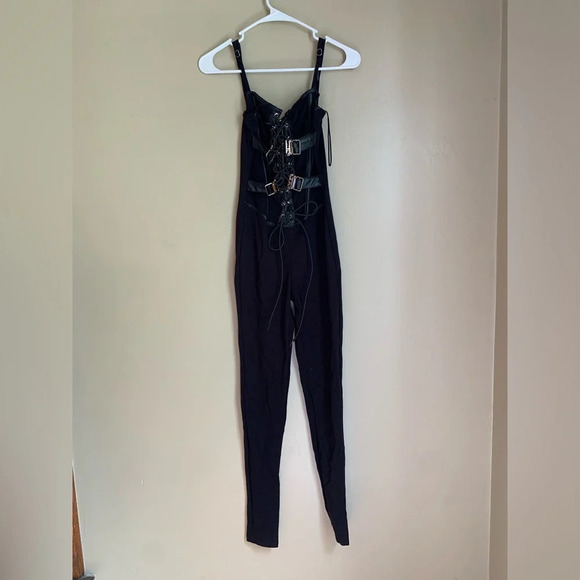 KimCine Pants - KimCine Curve Corset Jumpsuit, black, leather straps buckles goth size s/m